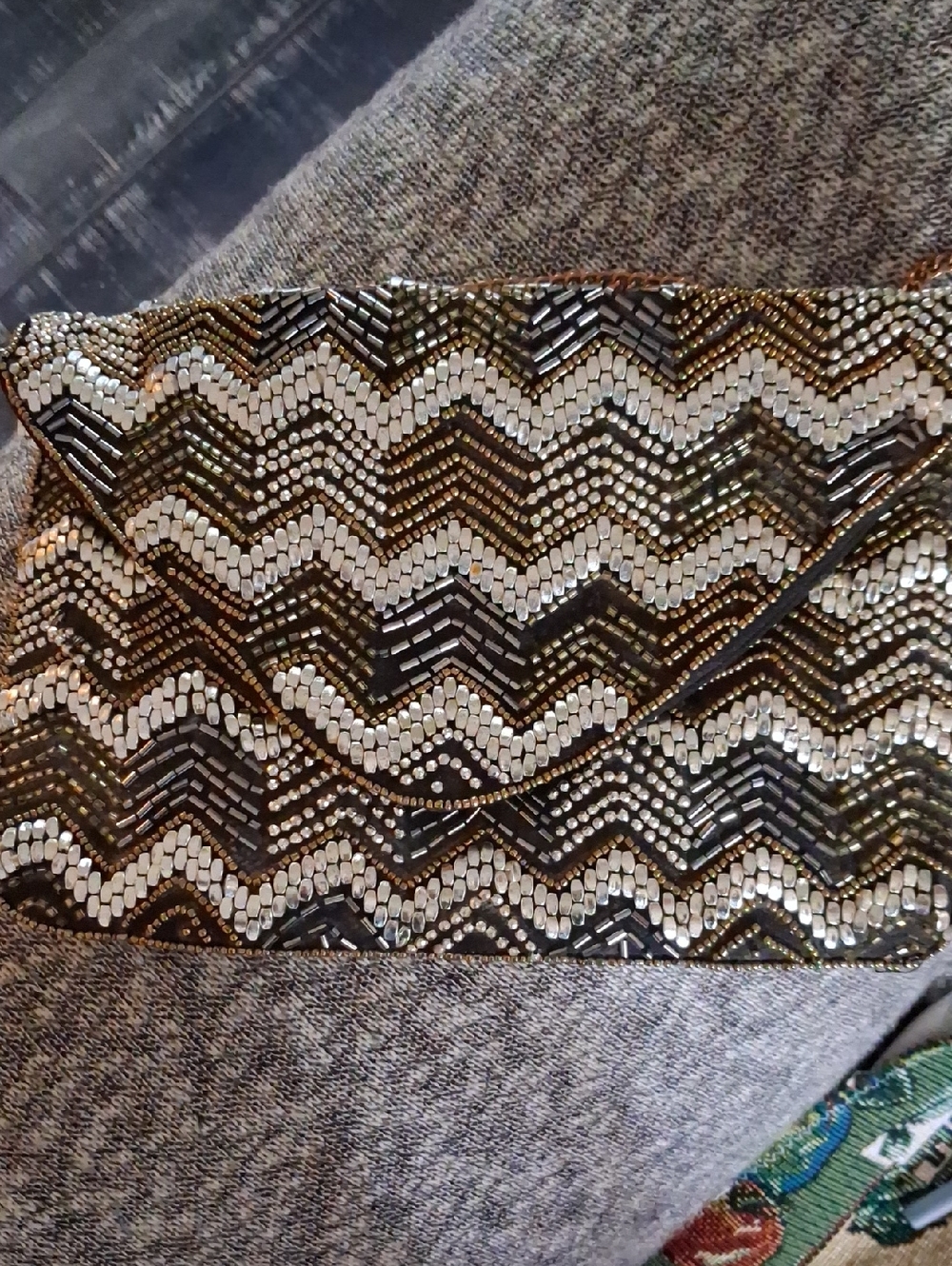 Beaded Chevron Envelope Clutch - Black & Gold